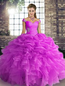 Lilac Lace Up Off The Shoulder Beading and Ruffles and Pick Ups Sweet 16 Dresses Organza Sleeveless