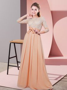 3 4 Length Sleeve Floor Length Lace and Belt Side Zipper Dama Dress with Peach