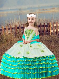 Beading and Embroidery and Ruffled Layers Kids Pageant Dress Aqua Blue Lace Up Sleeveless Floor Length