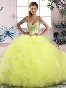 Tulle Off The Shoulder Sleeveless Side Zipper Beading and Ruffles Quinceanera Gown in Yellow Green
