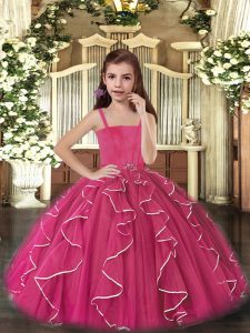 Floor Length Fuchsia Little Girl Pageant Dress Tulle Sleeveless Ruffles