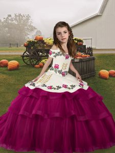 Fuchsia Straps Neckline Embroidery and Ruffled Layers Pageant Gowns For Girls Sleeveless Lace Up