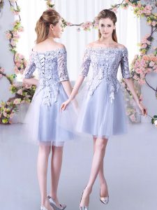 Elegant Grey A-line Off The Shoulder Half Sleeves Tulle Mini Length Lace Up Lace Court Dresses for Sweet 16