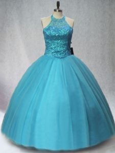 Sleeveless Tulle Floor Length Lace Up Quince Ball Gowns in Teal with Beading