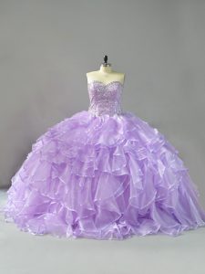 Sleeveless Organza Brush Train Lace Up Quinceanera Dresses in Lavender with Beading and Ruffles