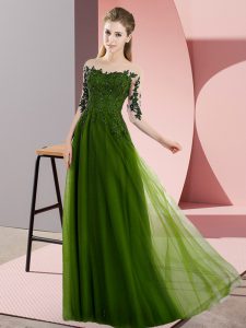 Adorable Olive Green Empire Beading and Lace Dama Dress for Quinceanera Lace Up Chiffon Half Sleeves Floor Length