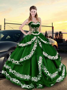 Latest Dark Green Lace Up Sweetheart Appliques and Ruffled Layers Quince Ball Gowns Satin Sleeveless