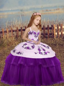 Beautiful Eggplant Purple Tulle Lace Up Girls Pageant Dresses Sleeveless Floor Length Embroidery