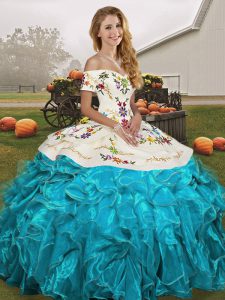 Aqua Blue Organza Lace Up Off The Shoulder Sleeveless Floor Length Ball Gown Prom Dress Embroidery and Ruffles