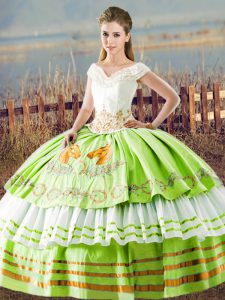 Customized V-neck Sleeveless Satin Quinceanera Gown Embroidery and Ruffled Layers Lace Up