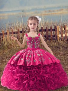 Stunning Hot Pink Sleeveless Embroidery Lace Up Pageant Gowns For Girls