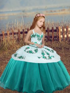 Elegant Teal Ball Gowns Embroidery Little Girls Pageant Dress Wholesale Lace Up Organza Sleeveless Floor Length