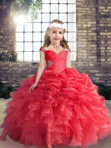 Organza Straps Sleeveless Lace Up Beading Girls Pageant Dresses in Red