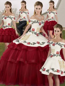 Lace Up 15th Birthday Dress Wine Red for Military Ball and Sweet 16 and Quinceanera with Embroidery and Ruffled Layers Brush Train