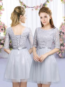Fashion Grey Empire Scoop Half Sleeves Tulle Mini Length Lace Up Lace and Belt Quinceanera Dama Dress