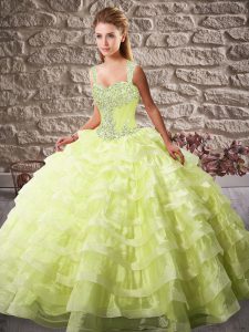 Glamorous Sleeveless Beading and Ruffled Layers Lace Up Quinceanera Gowns with Yellow Green Court Train