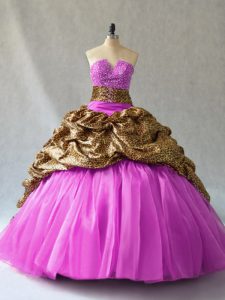 Lilac Sleeveless Organza and Printed Brush Train Lace Up Vestidos de Quinceanera for Sweet 16 and Quinceanera