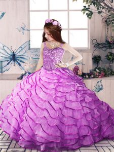 Lilac Ball Gowns Organza Straps Sleeveless Ruffled Layers Lace Up Kids Formal Wear Court Train