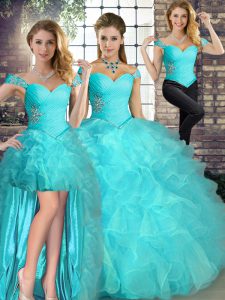 High Quality Organza Off The Shoulder Sleeveless Lace Up Beading and Ruffles Quince Ball Gowns in Aqua Blue