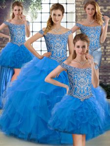 Gorgeous Blue Ball Gowns Off The Shoulder Sleeveless Tulle Brush Train Lace Up Beading and Ruffles Vestidos de Quinceanera