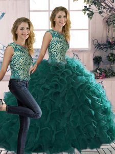 Peacock Green Scoop Neckline Beading and Ruffles Sweet 16 Quinceanera Dress Sleeveless Lace Up