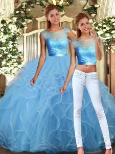 Baby Blue Scoop Neckline Lace and Ruffles Quinceanera Gown Sleeveless Backless