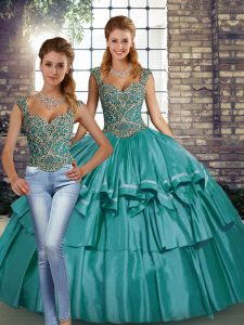 Sexy Floor Length Two Pieces Sleeveless Teal Sweet 16 Dress Lace Up