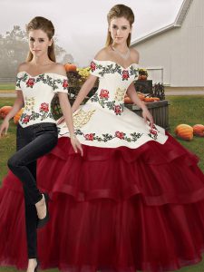 On Sale Wine Red Two Pieces Tulle Off The Shoulder Sleeveless Embroidery and Ruffled Layers Lace Up Quinceanera Dress Brush Train