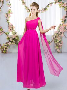 Gorgeous Hot Pink Sleeveless Beading and Hand Made Flower Floor Length Dama Dress for Quinceanera