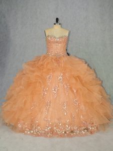 Best Orange Sweetheart Neckline Beading and Ruffles Ball Gown Prom Dress Sleeveless Lace Up