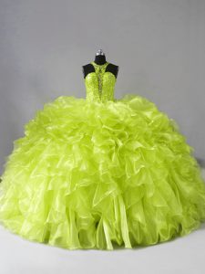 Edgy Yellow Green Sleeveless Beading and Ruffles Zipper Quinceanera Gowns