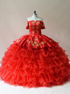 Smart Floor Length Red Quinceanera Dresses Off The Shoulder Sleeveless Lace Up