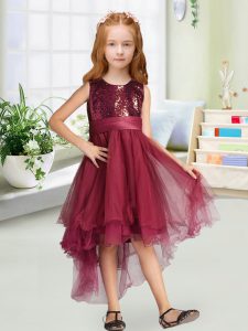 Burgundy Organza Zipper Scoop Sleeveless High Low Little Girl Pageant Dress Sequins and Bowknot