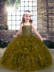 Floor Length Olive Green Little Girls Pageant Gowns Organza Sleeveless Beading and Ruffles