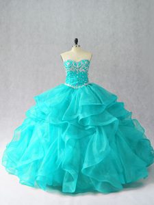 Sophisticated Aqua Blue Ball Gowns Beading and Ruffles Sweet 16 Quinceanera Dress Lace Up Organza Sleeveless Floor Length