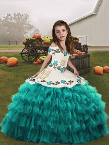 Unique Sleeveless Embroidery and Ruffled Layers Lace Up Little Girls Pageant Dress Wholesale