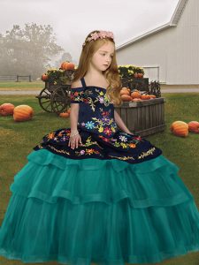 Spaghetti Straps Sleeveless Lace Up Child Pageant Dress Teal Tulle