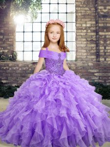 Nice Sleeveless Lace Up Floor Length Beading and Ruffles Kids Pageant Dress