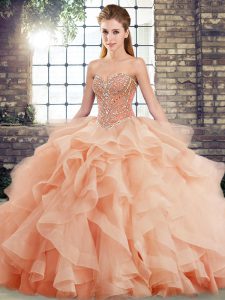 Beading and Ruffles Ball Gown Prom Dress Peach Lace Up Sleeveless Brush Train