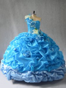 Ideal Baby Blue Lace Up One Shoulder Pick Ups and Hand Made Flower Quinceanera Gown Organza Sleeveless