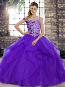 Purple Lace Up Sweet 16 Quinceanera Dress Beading and Ruffles Sleeveless Brush Train