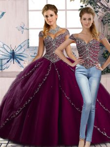 Most Popular Purple Quinceanera Gown Sweet 16 and Quinceanera with Beading Sweetheart Cap Sleeves Brush Train Lace Up