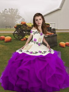 Sleeveless Floor Length Embroidery and Ruffles Lace Up Pageant Dress Toddler with Purple
