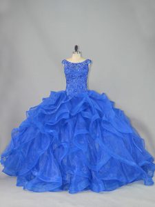 Sleeveless Brush Train Lace Up Beading and Ruffles Quinceanera Gowns