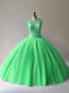 Chic Floor Length Lace Up 15th Birthday Dress Green for Sweet 16 and Quinceanera with Beading