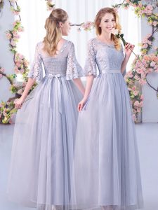 Custom Designed Floor Length Grey Quinceanera Court Dresses Tulle Half Sleeves Lace and Belt