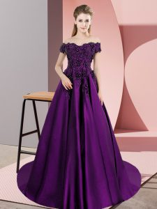 Eggplant Purple Sleeveless Court Train Appliques Quince Ball Gowns