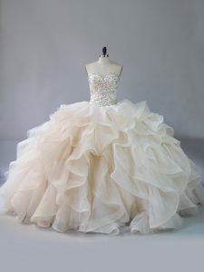 Modest Brush Train Ball Gowns 15 Quinceanera Dress Champagne Sweetheart Organza Sleeveless Lace Up