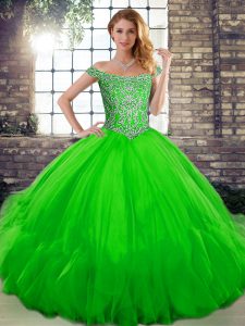Affordable Green Lace Up Off The Shoulder Beading and Ruffles Ball Gown Prom Dress Tulle Sleeveless
