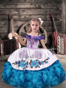 Off The Shoulder Sleeveless Lace Up Kids Pageant Dress Aqua Blue Organza